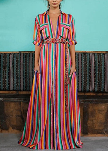 Rainbow Striped Button Tie Waist Maxi Shirts Dresses Summer