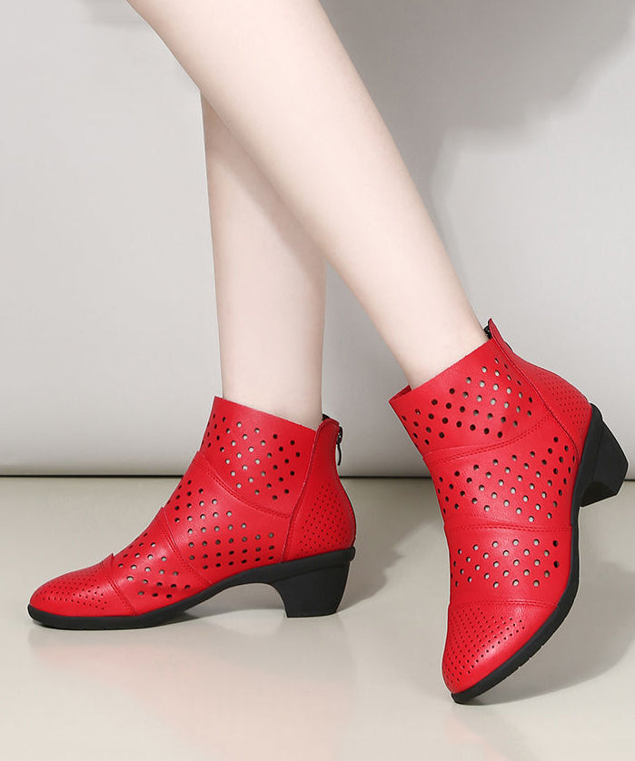 Red Chunky Cowhide Leather Hollow Out Splicing Boots