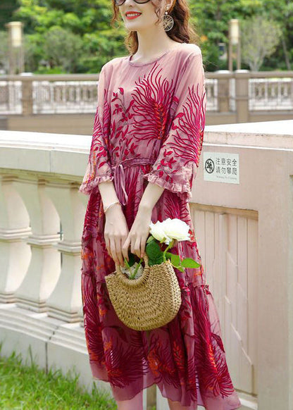 Red Embroideried Cinched Silk Dresses Bracelet Sleeve