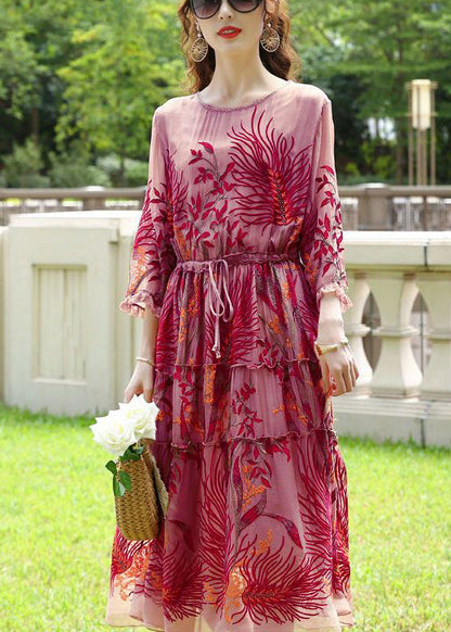 Red Embroideried Cinched Silk Dresses Bracelet Sleeve