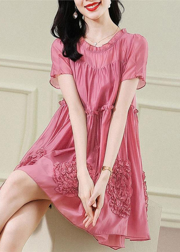 Red Ruffled Chiffon Mid Dresses Short Sleev