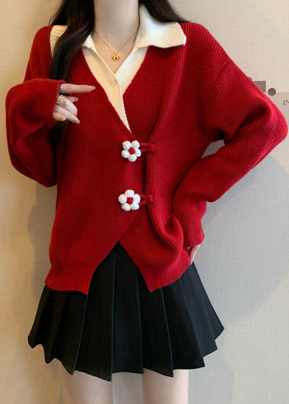 Red Flower Patchwork Knit Fake Two Piece Sweaters Fall