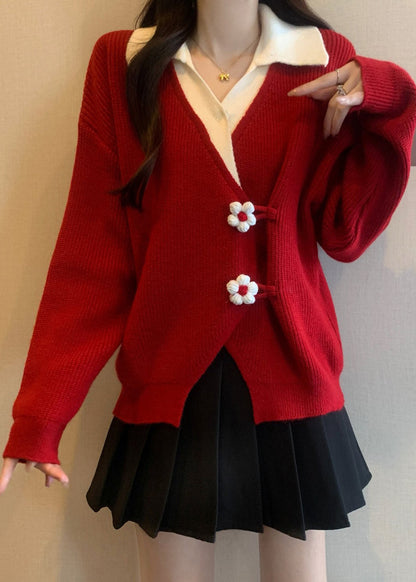 Red Flower Patchwork Knit Fake Two Piece Sweaters Fall