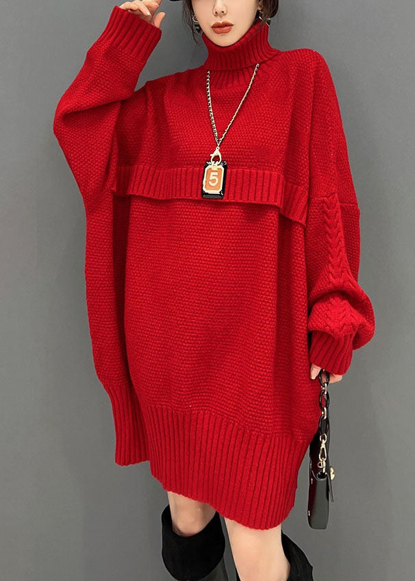 Red Hign Neck Oversized Thick Knit Sweaters Winter