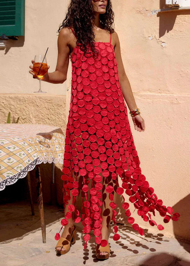 Red Hollow Out Spaghetti Strap Dress Summer