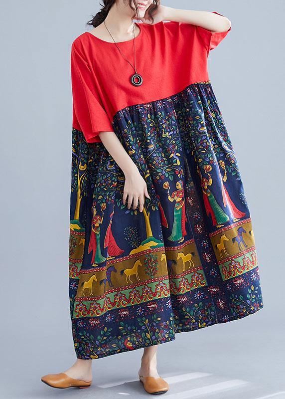 Red O-neck Patchwork Print Pockets Summer Maxi Dresses