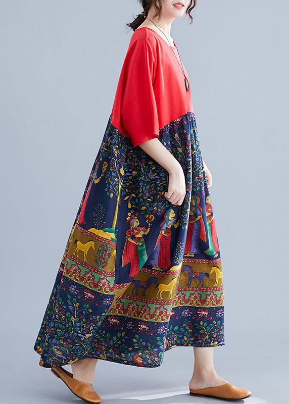 Red O-neck Patchwork Print Pockets Summer Maxi Dresses