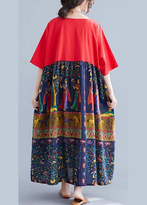 Red O-neck Patchwork Print Pockets Summer Maxi Dresses