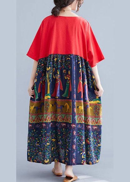 Red O-neck Patchwork Print Pockets Summer Maxi Dresses