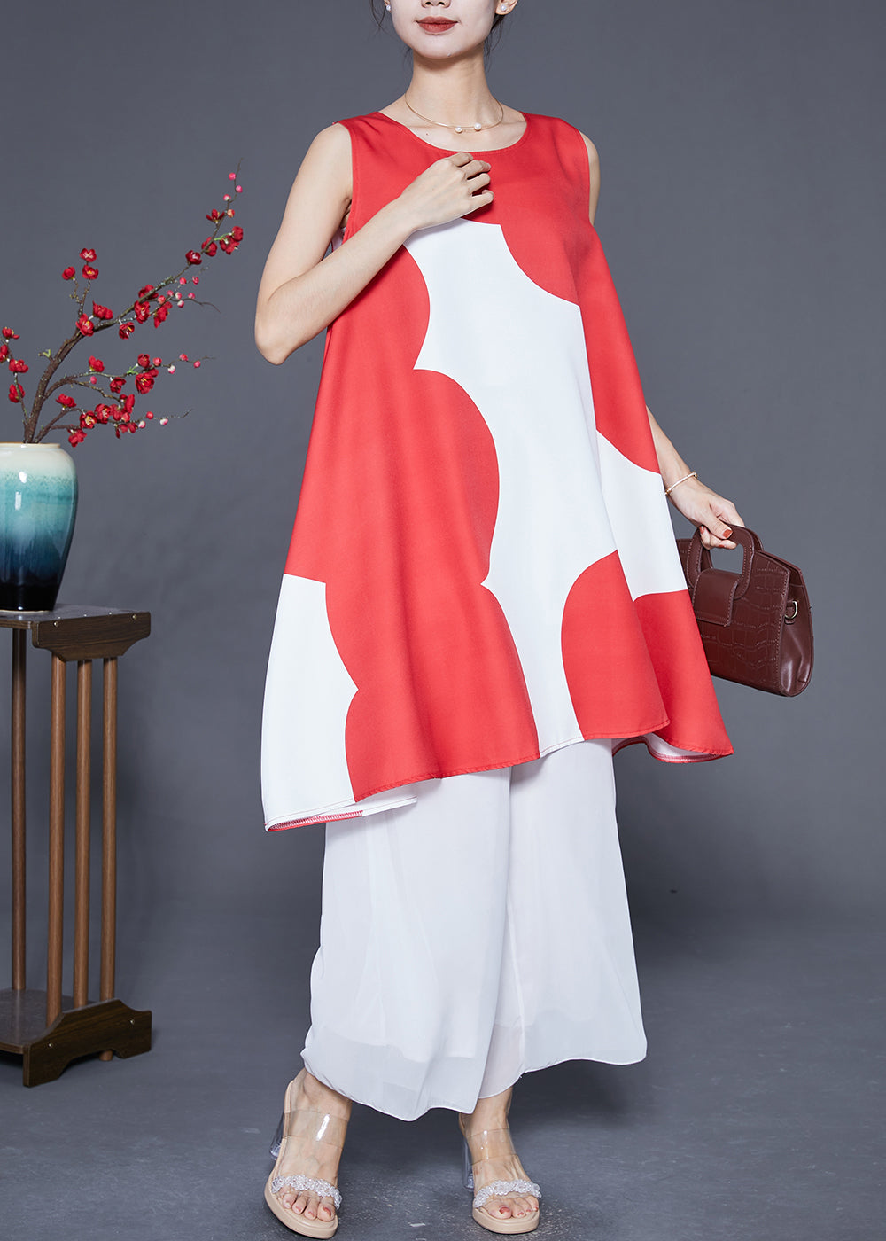 Red O-neck Print Satin a Line Dress Summer