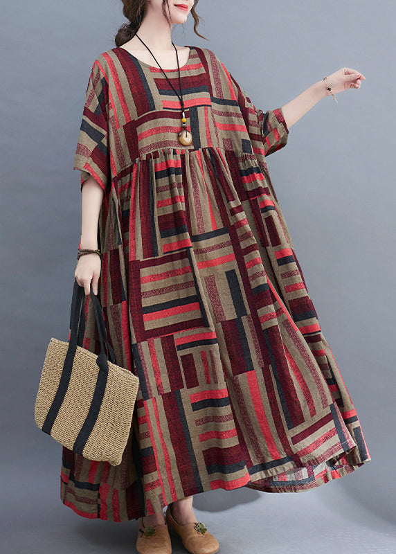Red O-neck Wrinkled Loose Holiday Dress Short Sleeve