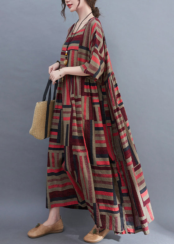 Red O-neck Wrinkled Loose Holiday Dress Short Sleeve