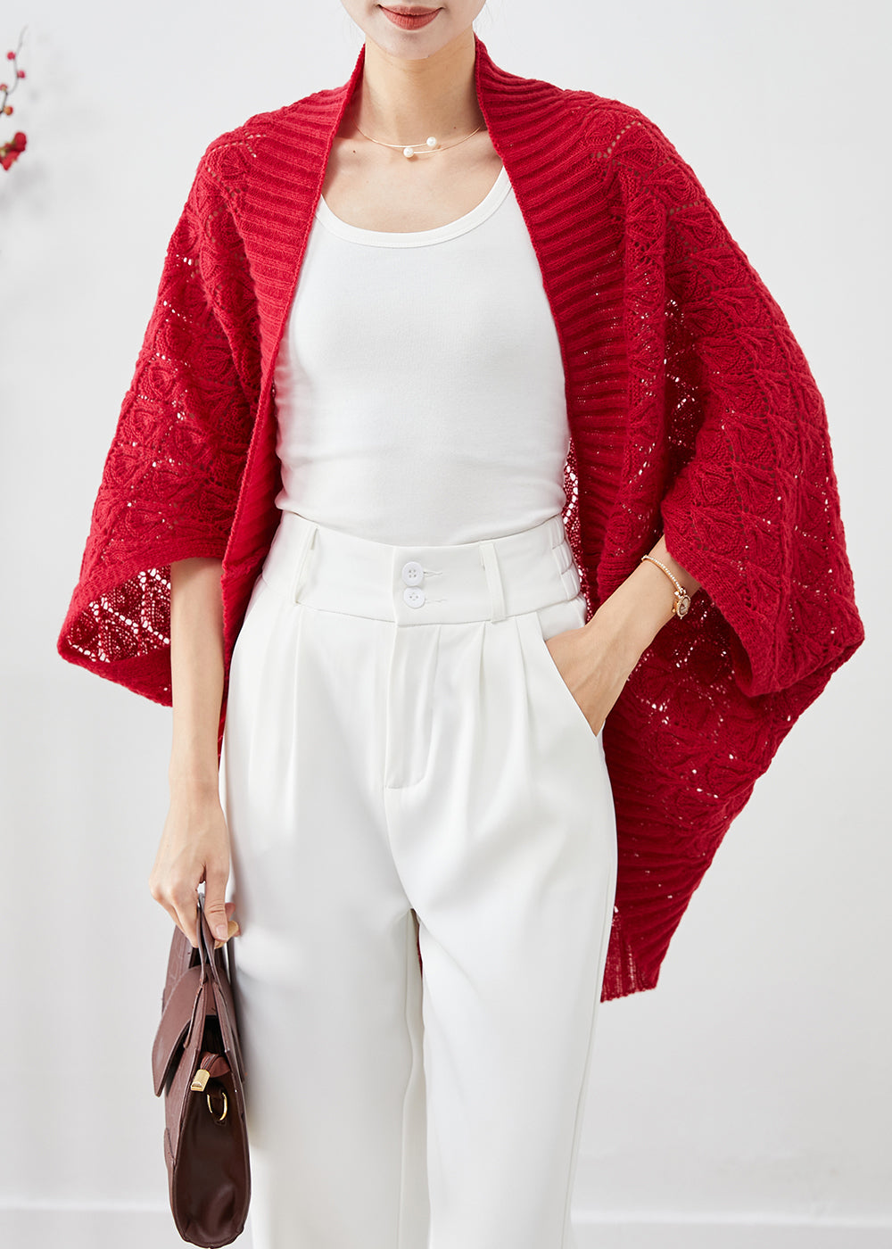 Red Oversized Hollow Out Knit Cardigan Fall