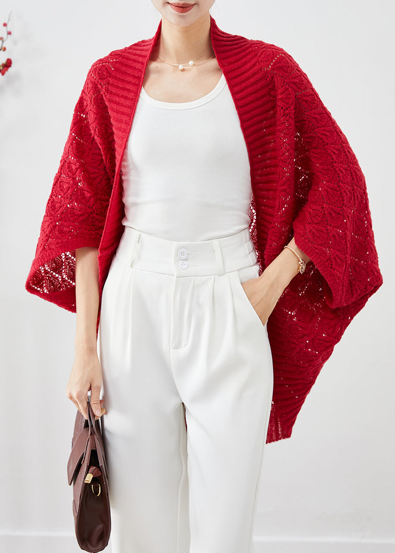 Red Oversized Hollow Out Knit Cardigan Fall