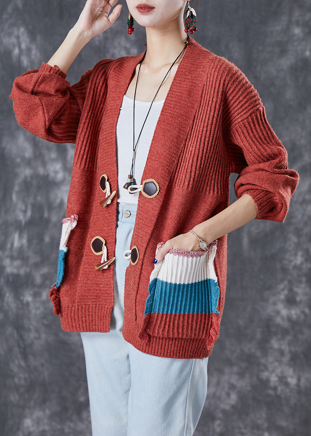 Red Oversized Patchwork Pockets Knit Cardigan Fall
