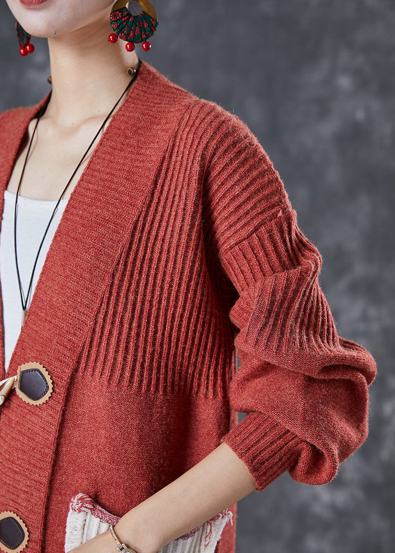 Red Oversized Patchwork Pockets Knit Cardigan Fall