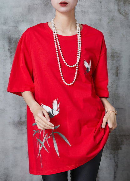 Red Oversized Red-crowned Crane Print Cotton Tops Summer