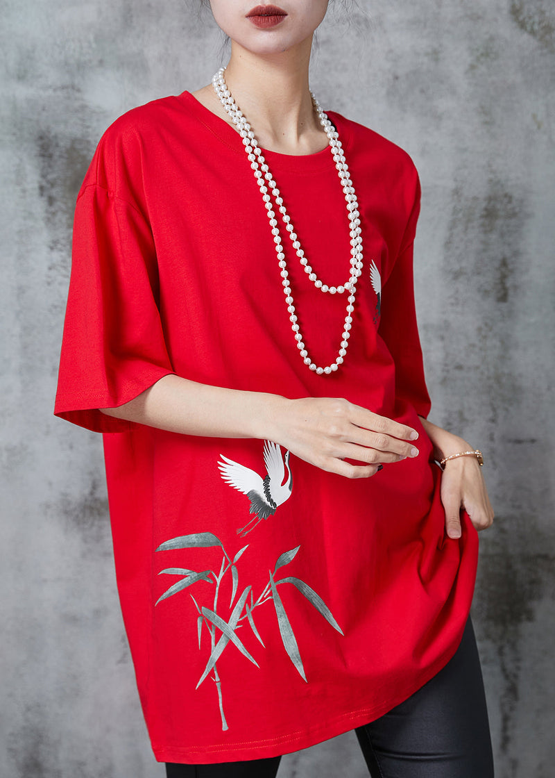 Red Oversized Red-crowned Crane Print Cotton Tops Summer