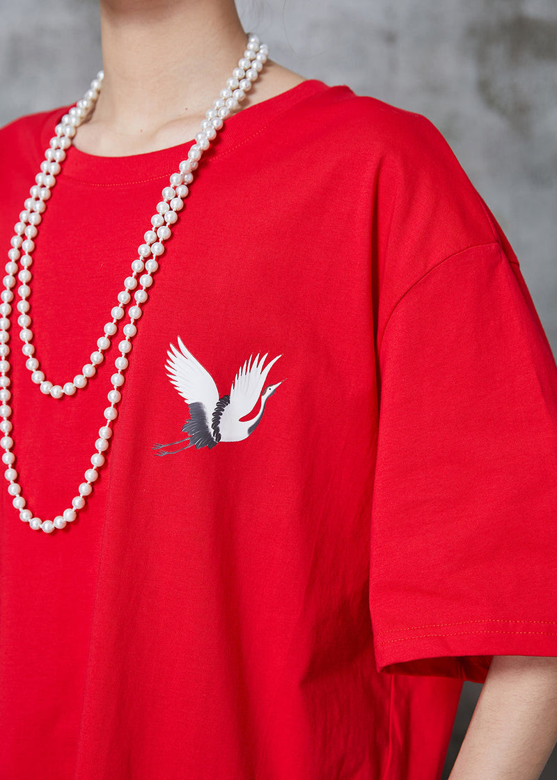 Red Oversized Red-crowned Crane Print Cotton Tops Summer