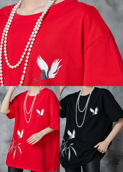 Red Oversized Red-crowned Crane Print Cotton Tops Summer