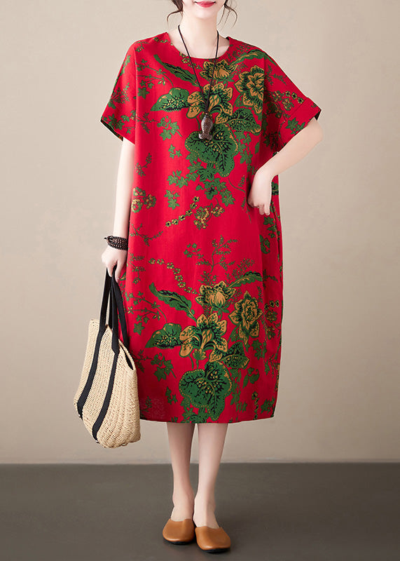 Red Print Chiffon Macxi Dress Short Sleeve