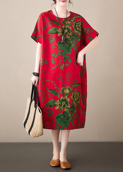 Red Print Chiffon Macxi Dress Short Sleeve