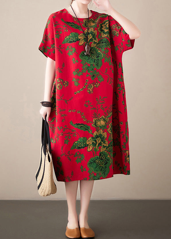 Red Print Chiffon Macxi Dress Short Sleeve