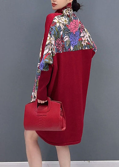 Red Print Knit Patchwork Tops Long Sleeve