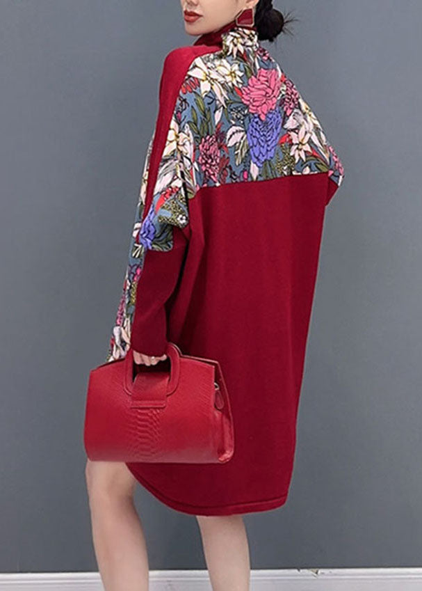 Red Print Knit Patchwork Tops Long Sleeve