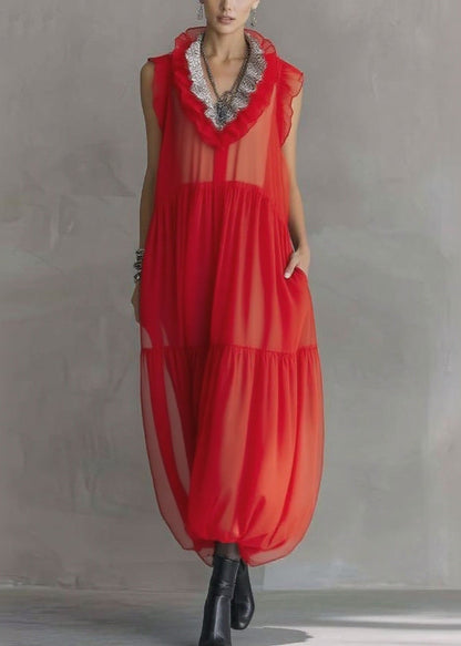 Red Ruffled Patchwork Chiffon Long Dress Sleeveless