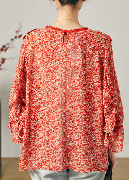Red Ruffled Print Chiffon Blouse Top Butterfly Sleeve