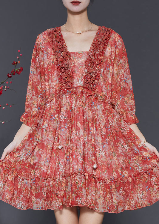 Red Ruffled Print Chiffon Mini Dress Summer