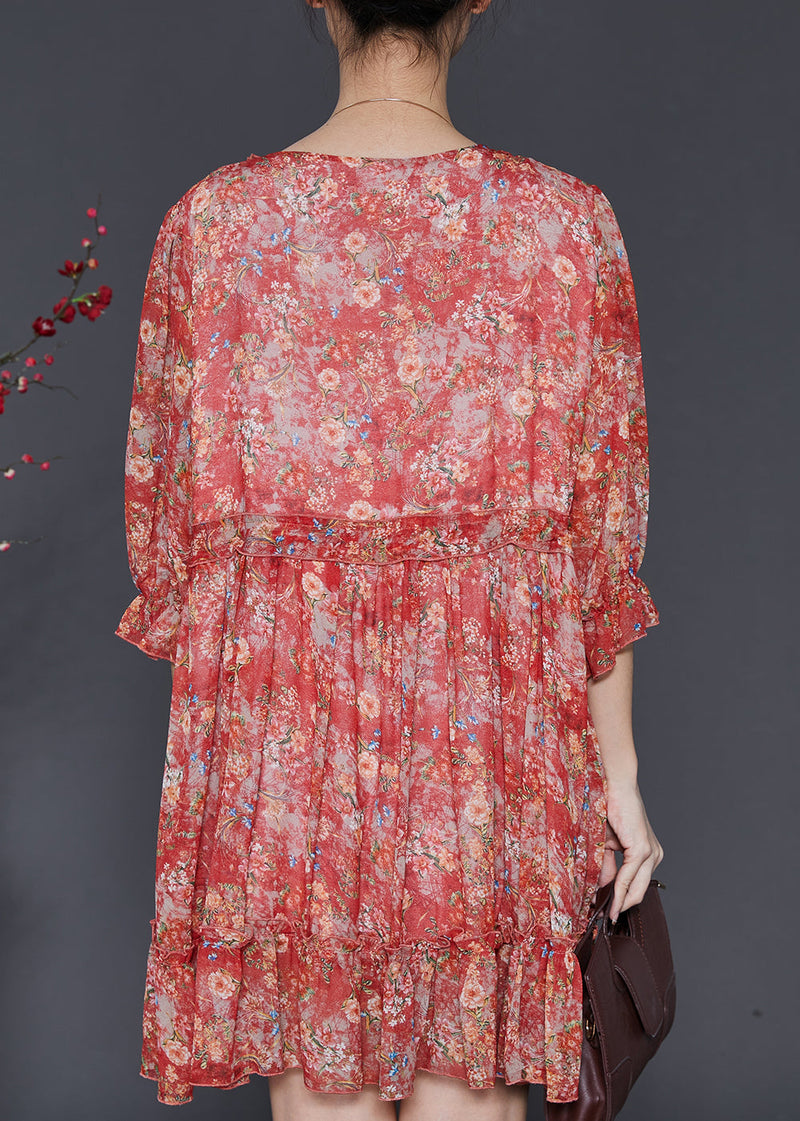 Red Ruffled Print Chiffon Mini Dress Summer