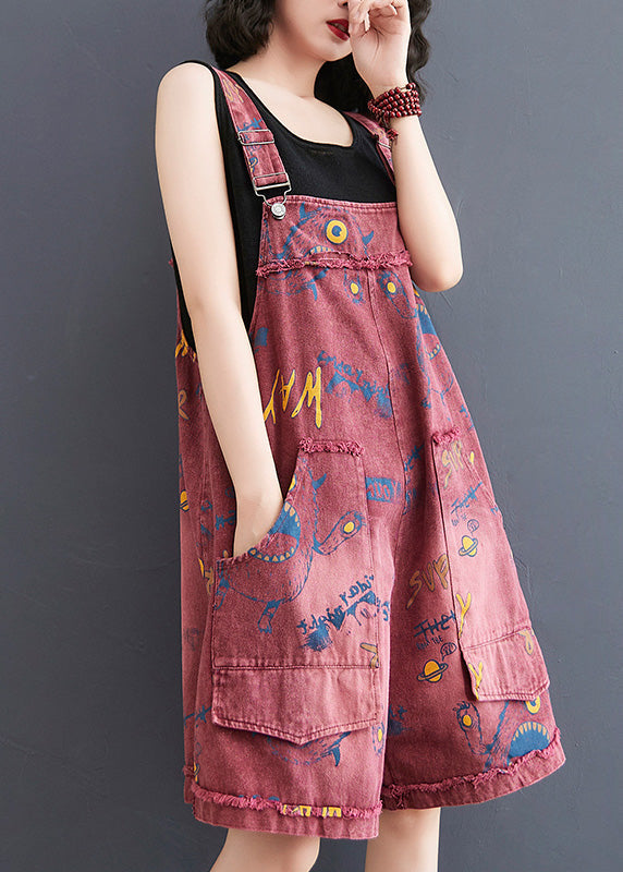 Red Slash Neck Print Patchwork Denim Jumpsuit Summer