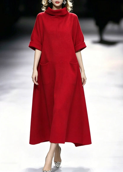 Red Turtleneck Pockets Maxi Dresses Summer