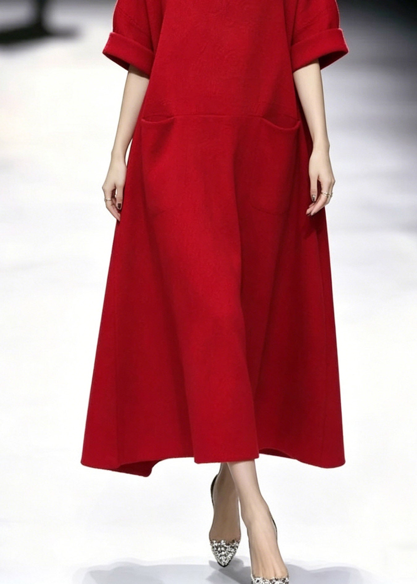 Red Turtleneck Pockets Maxi Dresses Summer