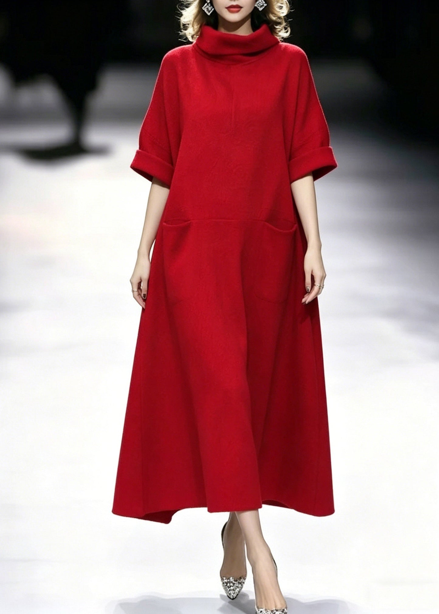 Red Turtleneck Pockets Maxi Dresses Summer