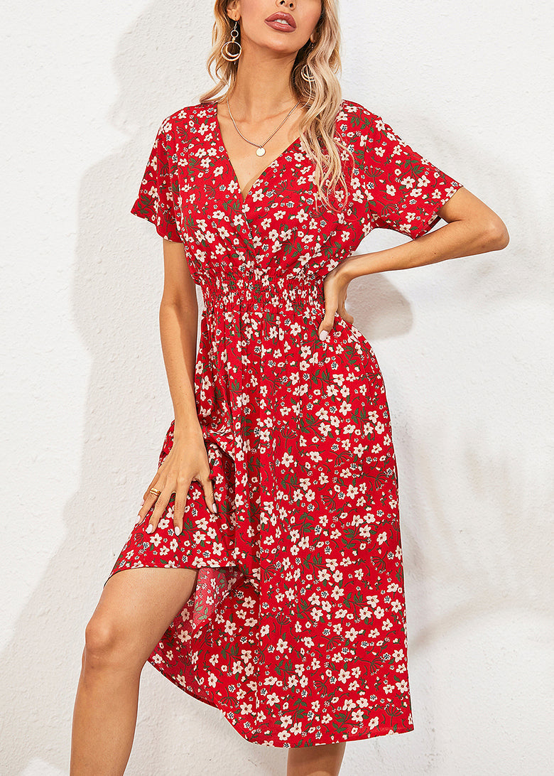Red V Nec Print Long Dress Summer