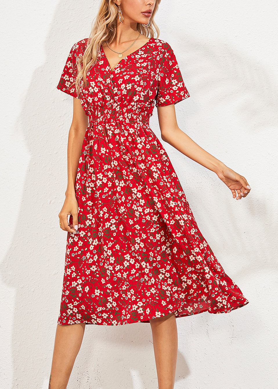 Red V Nec Print Long Dress Summer