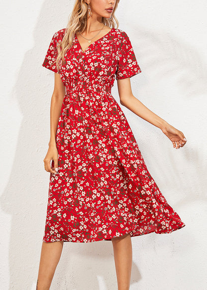 Red V Nec Print Long Dress Summer