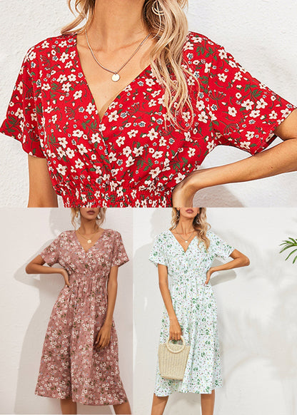 Red V Nec Print Long Dress Summer