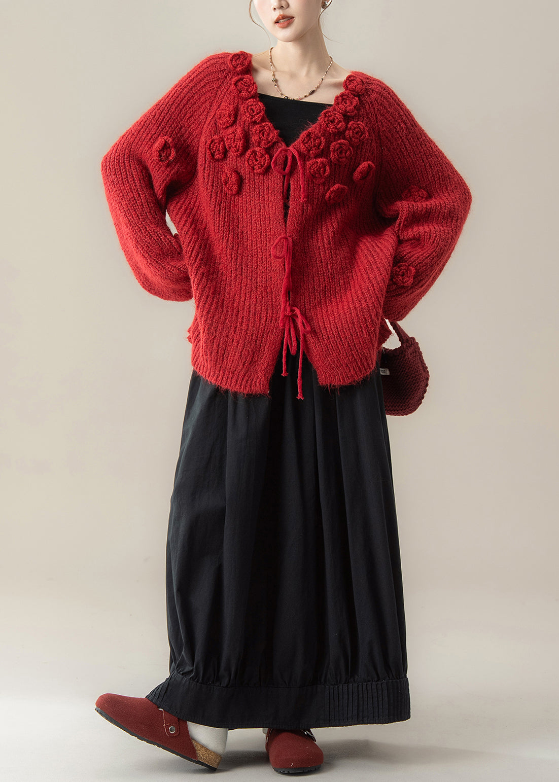 Red V Neck Knit Sweaters and Skirts Two Piece Set Winter
