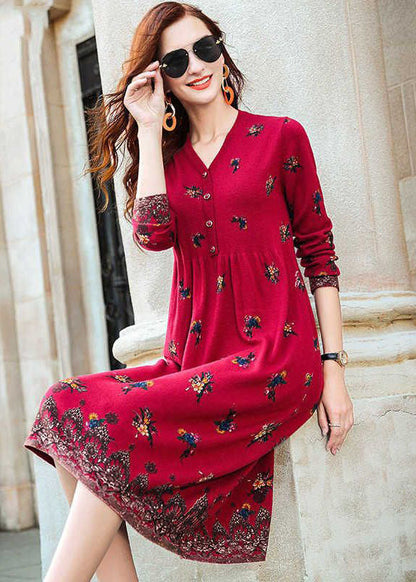 Red V Neck Print Knit Long Dresses Spring