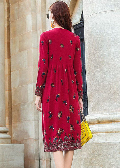 Red V Neck Print Knit Long Dresses Spring