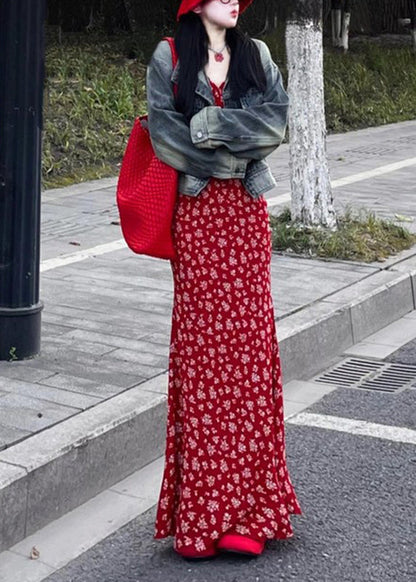 Red V Neck Print Maxi Dress Sleeveless