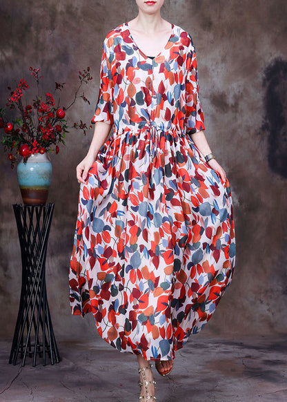 Red V Neck Print Tie Waist Chiffon Maxi Dresses Half Sleeve
