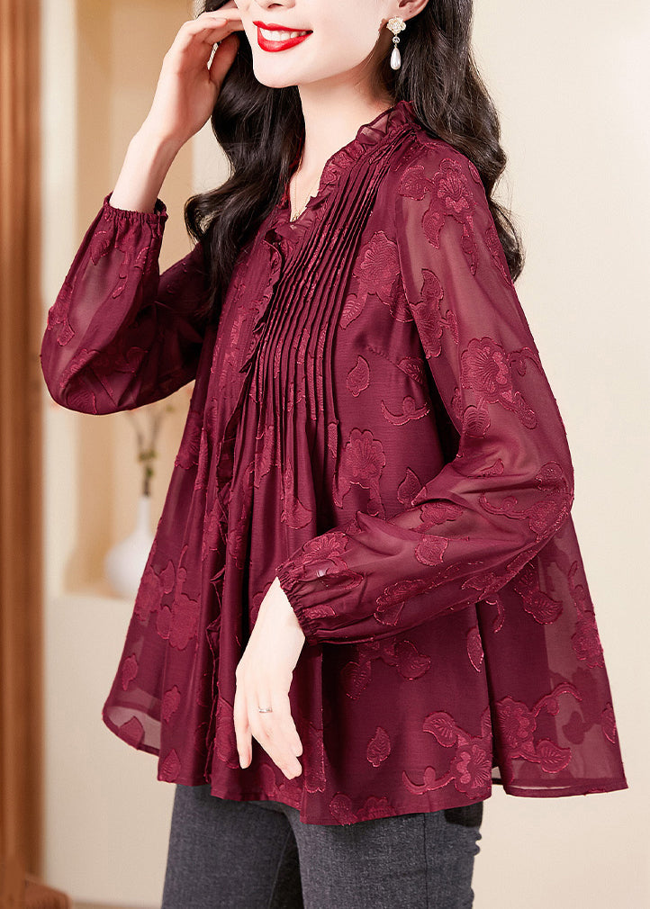 Red V Neck Ruffled Chiffon Shirt Long Sleeve