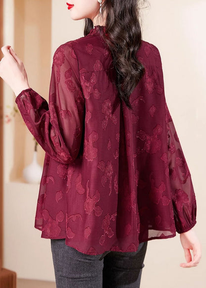 Red V Neck Ruffled Chiffon Shirt Long Sleeve