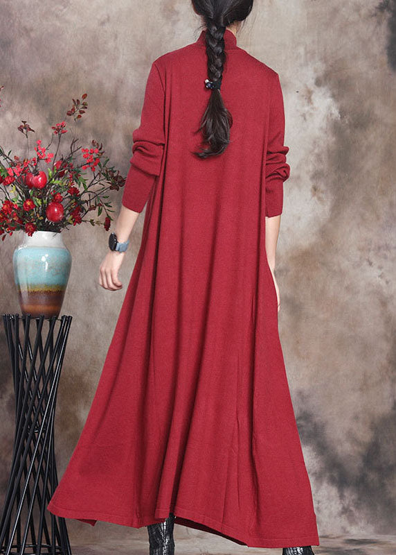 Red Retro Knit Slim Fit Fall Long Sweater Dress