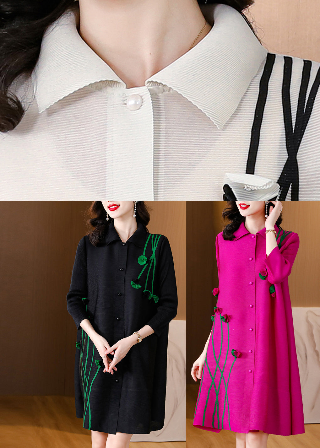Rose Button Mid Dresses Long Sleeve